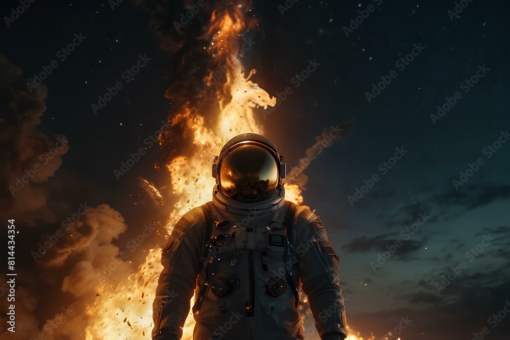 astronaut in the space,Image of an astronaut in a clean white space suit. Wear a helmet that reflects the image of the night world. Standing on the surface of the earth There is a flame on the back gi astronaut in the space,Image of an astronaut in a clean white space suit. Wear a helmet that reflects the image of the night world. Standing on the surface of the earth There is a flame on the back gi