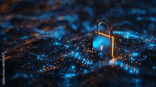 A virtual lock image with bright blue lights on a black backdrop, representing ideas of online security. 3D Render