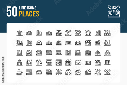 Set of 50 Places icons related to home, School, Office, Hospital Line Icon collection