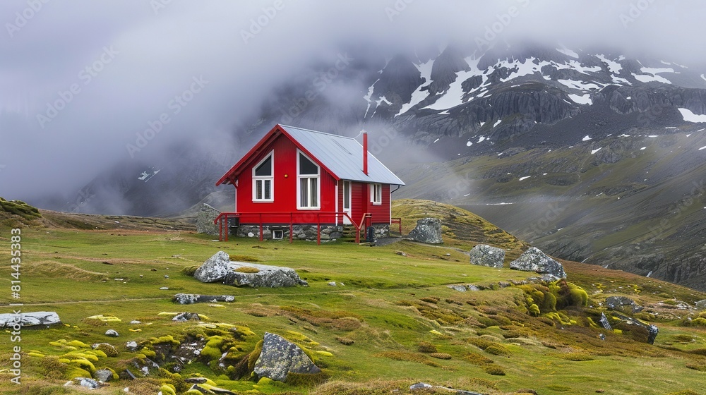 Típica Casa Roja del Norte de Europa en un Paisaje Montañoso Aislado Típica Casa Roja del Norte de Europa en un Paisaje Montañoso Aislado