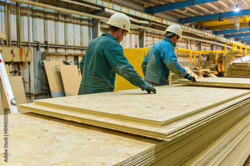 Workers assemble drywall panels on factory line, production process in factory.