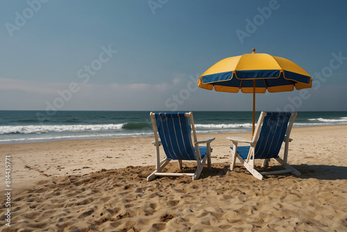 Two beach chairs with an umbrella at the beach. Beach relaxation scene with lounge chairs  umbrella  and serene ocean view.