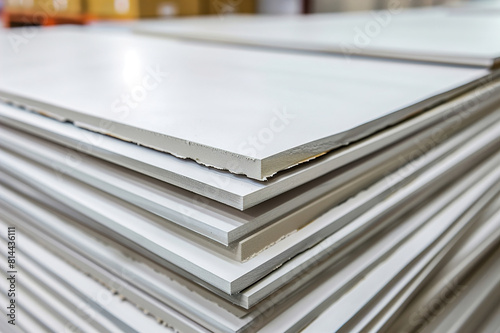 Industrial machinery cuts and shapes drywall sheets in manufacturing facility  optimizing construction materials.