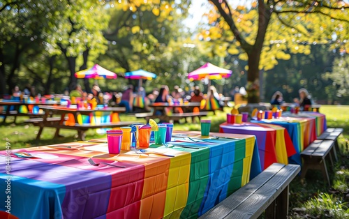 Wallpaper Mural A beautiful park with a rainbow of colors. There are people enjoying a picnic in the park. The tables are decorated with rainbow tablecloths and there are rainbow umbrellas. Torontodigital.ca