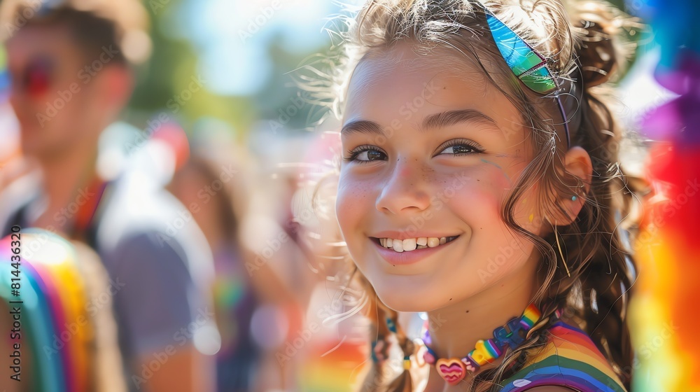 Fototapeta premium A young girl smiles at the camera at a pride parade. She is wearing a rainbow shirt and a rainbow necklace. Her hair is in a ponytail and she has a rainbow headband on.