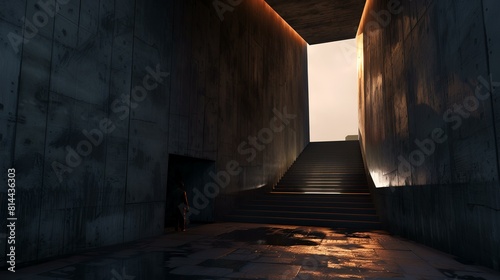 Staircase leading to the end of the tunnel. 3D rendering