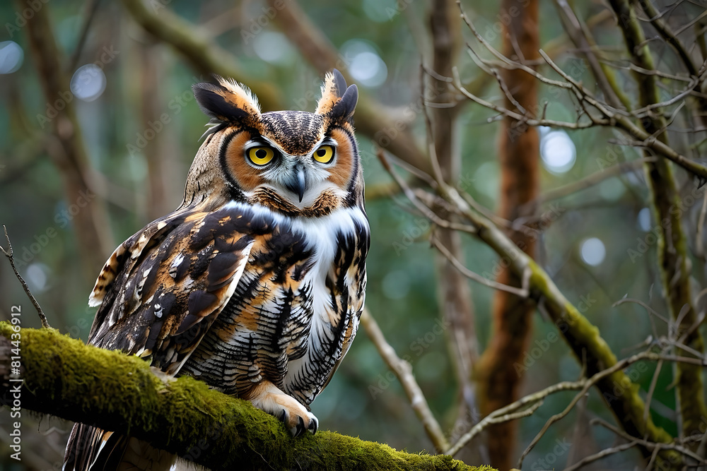 A great horned owl resting on a branch A great horned owl resting on a branch