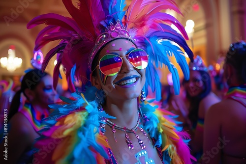 A young woman wearing a colorful feathered headdress and rainbow sunglasses smiles at the camera