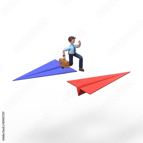 3D illustration of Asian man Felix jumps from one plane to another flying in the opposite direction.3D rendering on white background