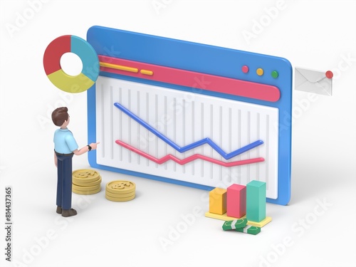 3D illustration of Asian man Felix analyzing financial data and planning investment strategy. People examining graphs, charts and diagrams. Financial research concept. © lrunups