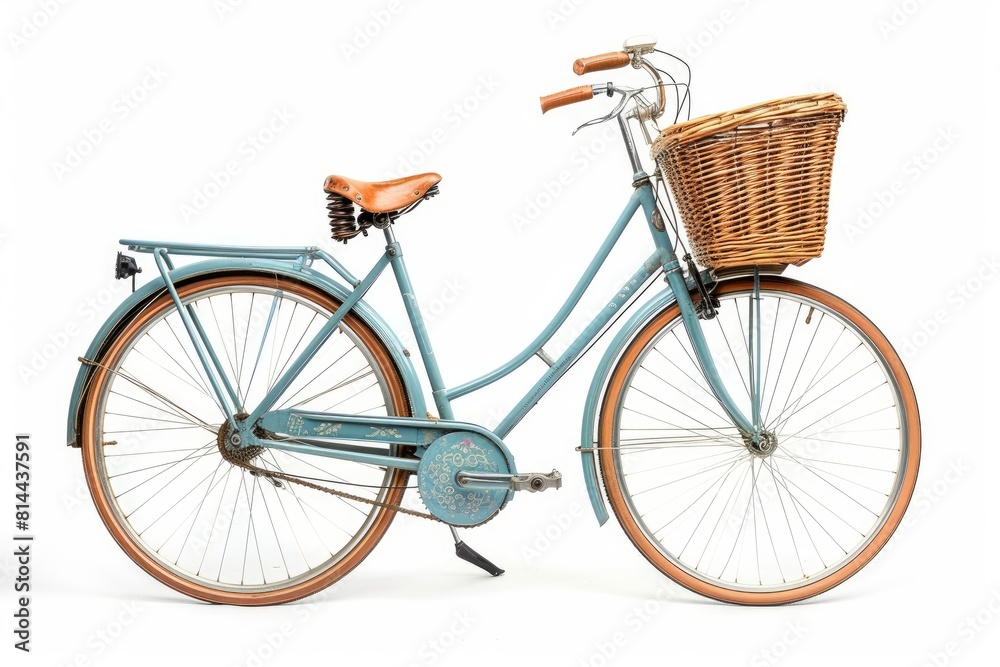 Vintage bicycle with a wicker basket photo on white isolated background