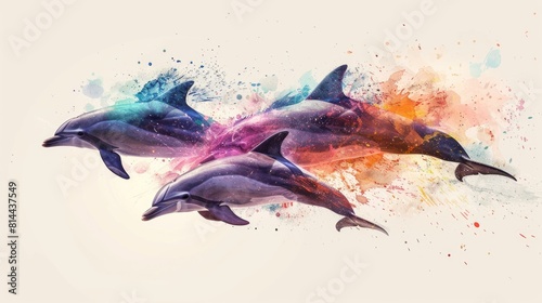 Pod of dolphins  styled in vibrant watercolor splashes on a clean white canvas  under subtle lighting 