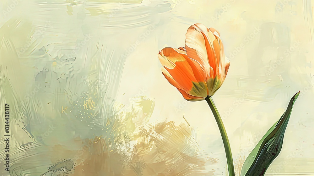 Obraz premium Charming Kids' Art: Cute Tulip Drawing with Subdued Green Pastels on Light Background, Great for Children's Spaces