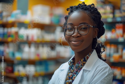 A black female pharmacist stands at the forefront of a pharmacy
 photo