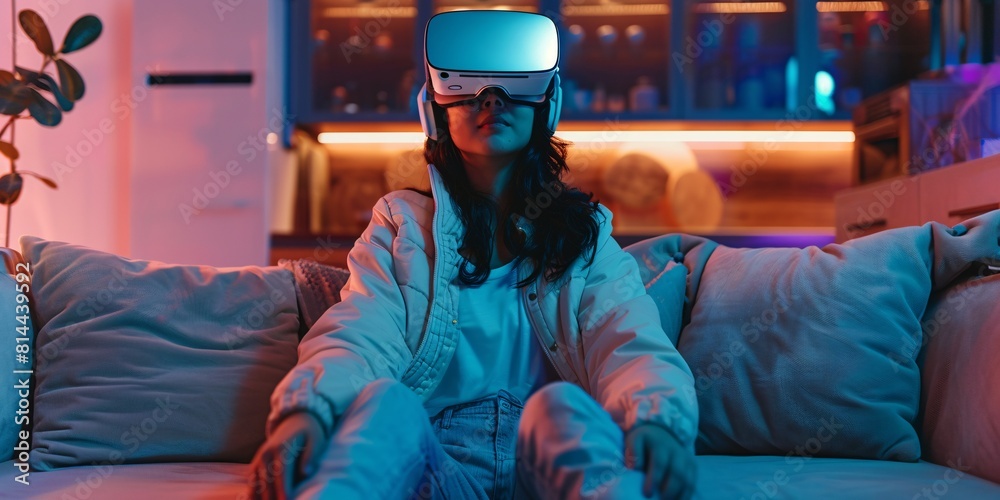 Savvy woman lounging on couch with virtual reality goggles exploring digital world, cutting-edge cyber community tech. Chic lady relishing browsing e-commerce site for high-end goods. Illusion. Savvy woman lounging on couch with virtual reality goggles exploring digital world, cutting-edge cyber community tech. Chic lady relishing browsing e-commerce site for high-end goods. Illusion.
