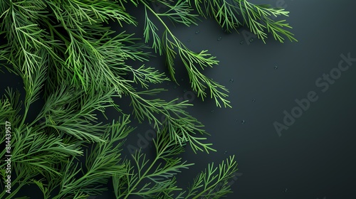 Capture the essence of a vibrant, fresh dill plant in a photorealistic digital illustration, showcasing intricate leaf details and a dew-kissed appearance