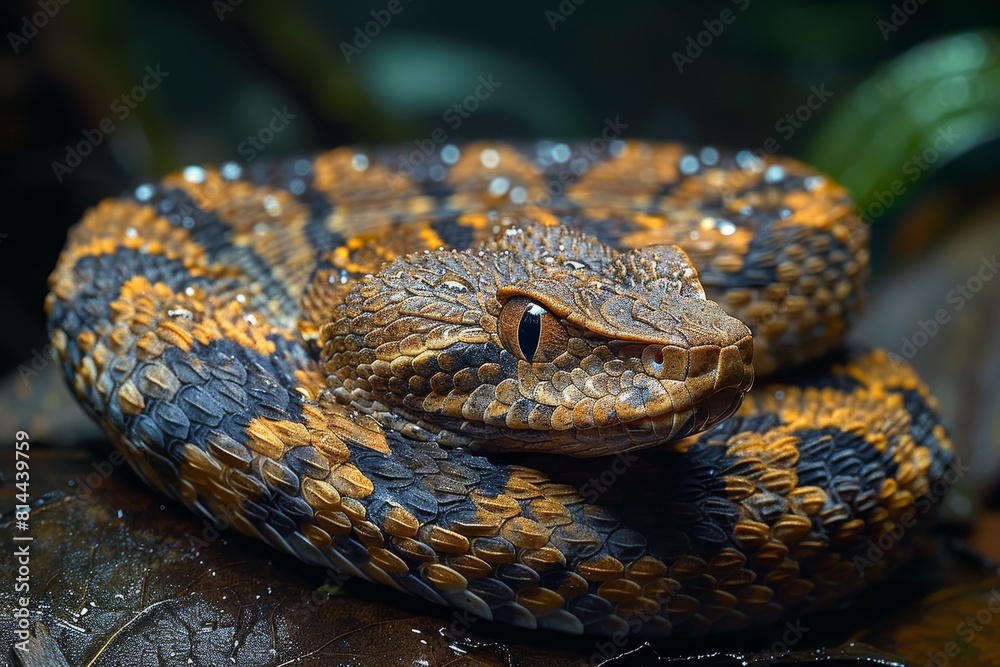 Gaboon Adder: Coiled on forest floor with broad head and camouflage pattern, representing ambush predator. Gaboon Adder: Coiled on forest floor with broad head and camouflage pattern, representing ambush predator.