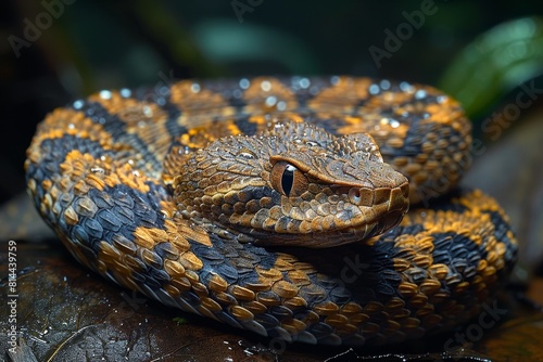 Gaboon Adder: Coiled on forest floor with broad head and camouflage pattern, representing ambush predator.