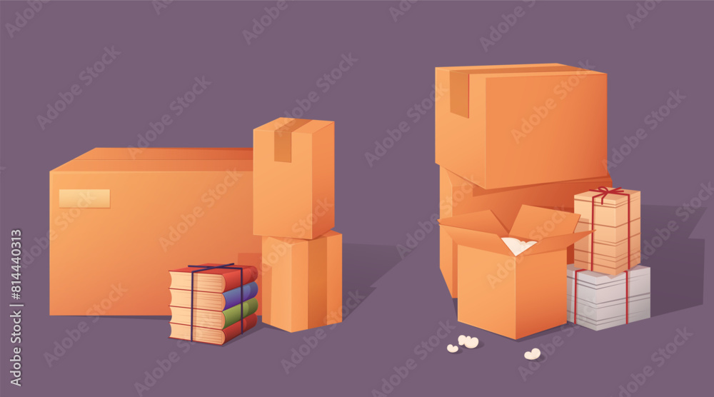 Cardboard box with stuff for house or office move concept. Cartoon vector illustration set of stacks of brown carton packages with books and documents. New house and moving paper packs with belongings Cardboard box with stuff for house or office move concept. Cartoon vector illustration set of stacks of brown carton packages with books and documents. New house and moving paper packs with belongings