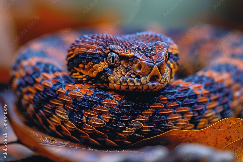 Fototapeta premium Gaboon Adder: Coiled on forest floor with broad head and camouflage pattern, representing ambush predator.