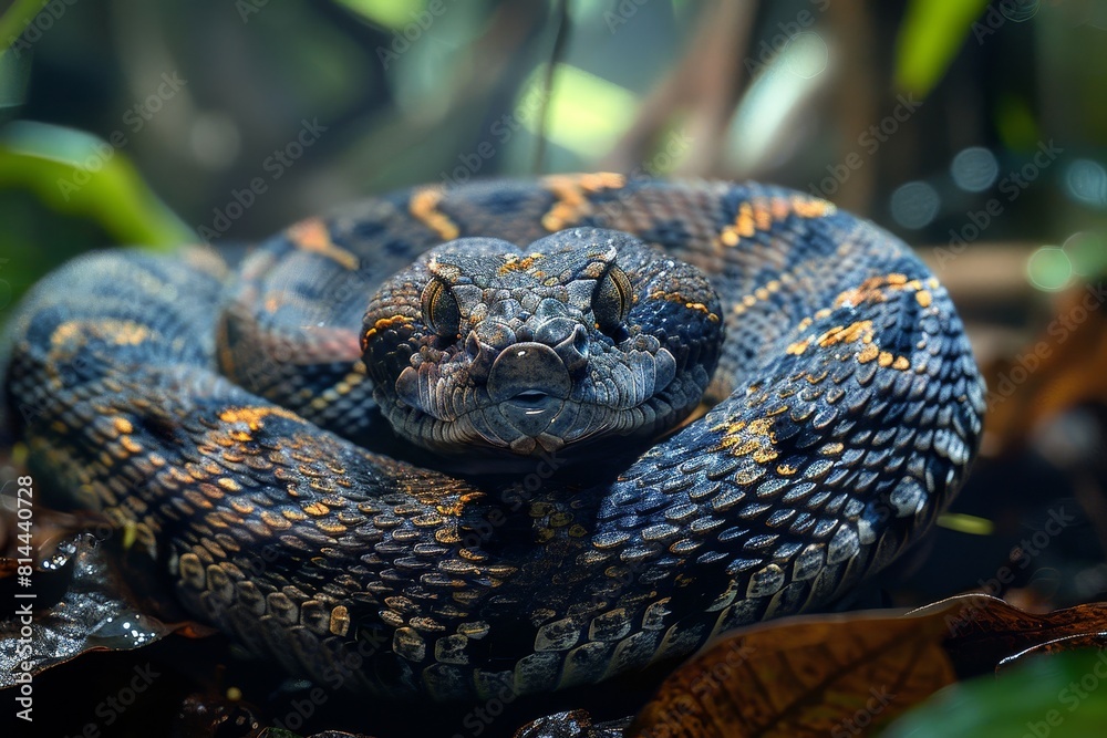 Gaboon Adder: Coiled on forest floor with broad head and camouflage pattern, representing ambush predator. Gaboon Adder: Coiled on forest floor with broad head and camouflage pattern, representing ambush predator.
