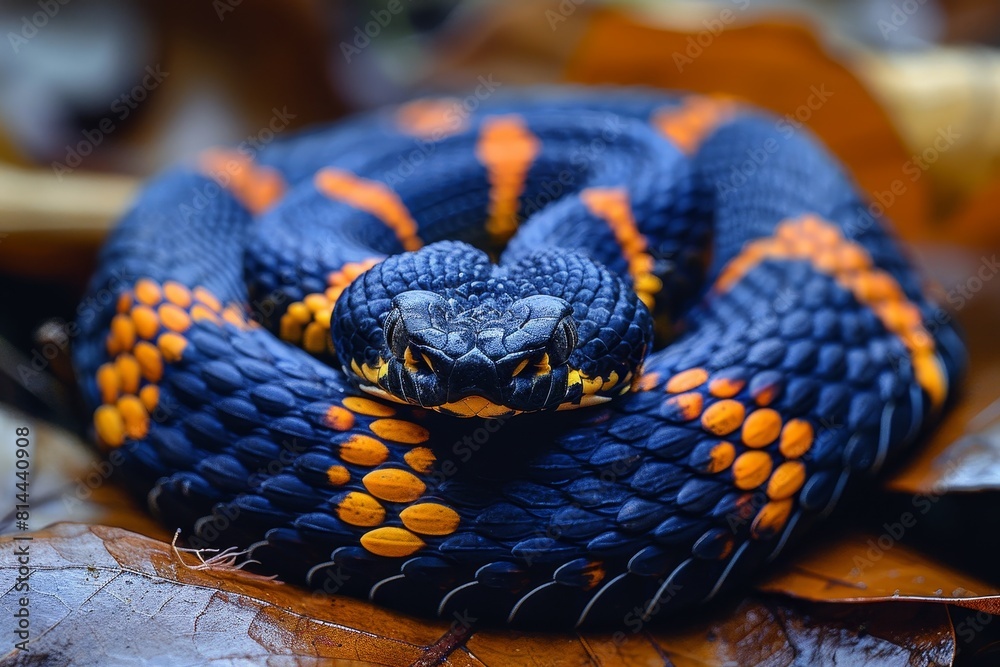 Gaboon Adder: Coiled on forest floor with broad head and camouflage pattern, representing ambush predator. Gaboon Adder: Coiled on forest floor with broad head and camouflage pattern, representing ambush predator.
