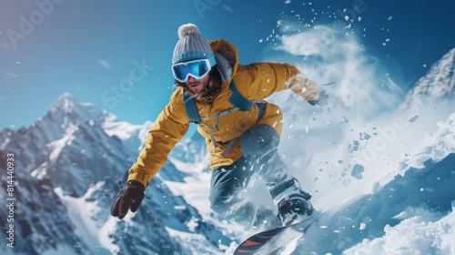 A snowboarder wearing blue goggles and a yellow jacket mid-jump against a snowy mountain backdrop 