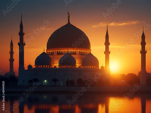 Sunset Glow Illuminates a Mosque on the Horizon.