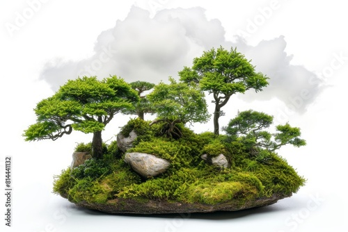 Whimsical bonsai cloud garden photo on white isolated background