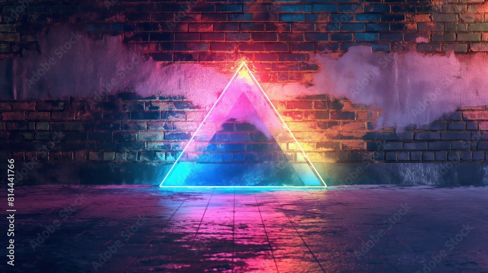 Luminous neon glass triangle on grunge brick wall. Generative AI