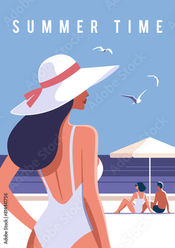Summer time. Concept of summer party, vacation and travel. Woman on the beach in a swimsuit and hat. People sunbathing on the shore. Vector illustration in minimalistic style.