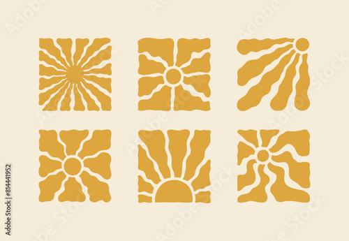 Boho Sun Set. Groovy Wavy Geometric Sunburst in 60s, 70s. Vector Abstract Square Elements in Freehand Retro Hippie Style for Logo, Print, Pattern, Poster, Web Design and Social Media