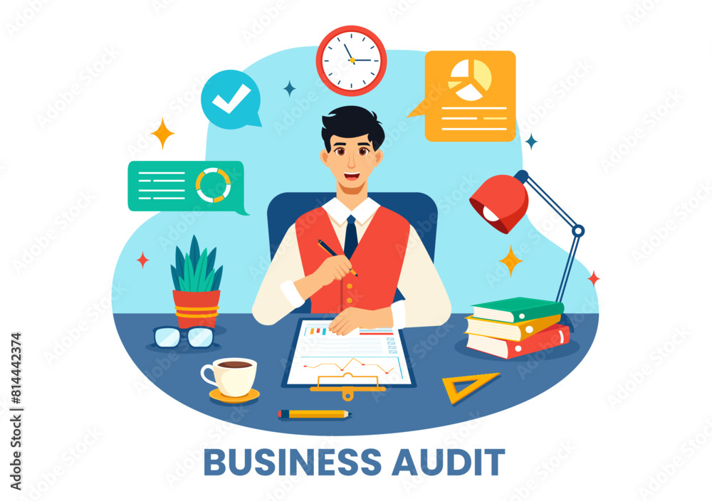 Business Audit Documents Vector Illustration with Charts, Accounting, Calculations and Financial Report Analysis in Flat Cartoon Background Business Audit Documents Vector Illustration with Charts, Accounting, Calculations and Financial Report Analysis in Flat Cartoon Background