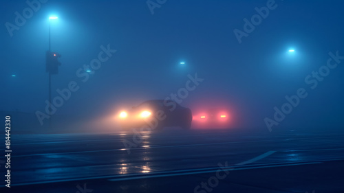 Shot of car with bright headlights piercing through thick morning fog
