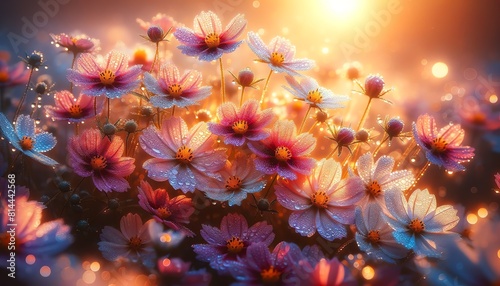 Image of Early Sunrise Tickseed flowers covered with dewdrops photo