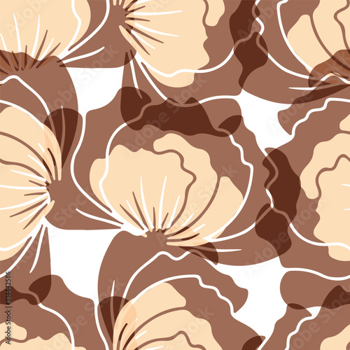 Brown seamless pattern with abstract retro poppy flowers. Vintage floral digital paper