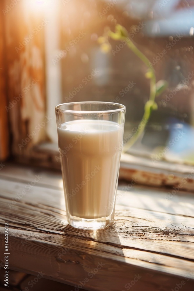 A single glass of milk on a weathered wooden windowsill, bathed in warm golden sunlight streaming through the window, creating a peaceful and nostalgic atmosphere, world milk day A single glass of milk on a weathered wooden windowsill, bathed in warm golden sunlight streaming through the window, creating a peaceful and nostalgic atmosphere, world milk day