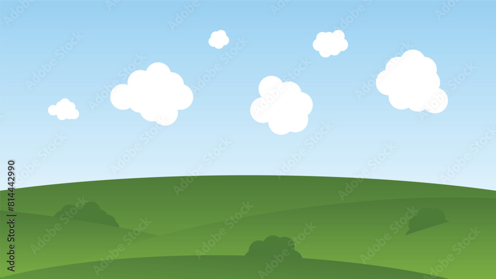 green hill with white fluffy cloud and blue sky. landscape cartoon scene background green hill with white fluffy cloud and blue sky. landscape cartoon scene background