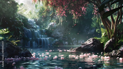 花びらが舞う秘境の滝