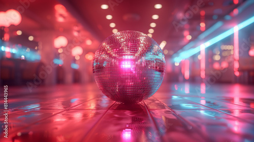 Disco ball in a room illuminated with neon pink light