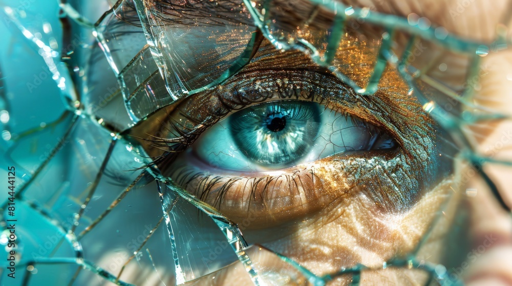 A woman's eye is reflected in a shattered piece of glass A woman's eye is reflected in a shattered piece of glass