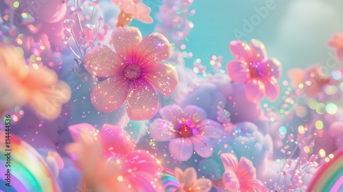 3d render style illustration of the glitter rainbows and flowers