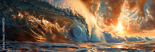 Landscape Stunning large barrel wave shines brightly in the pretty summer sunlight, Huge tropical wave coming from the endless deep golden ocean towards beach, Breathtaking natural wonder, sea waves
