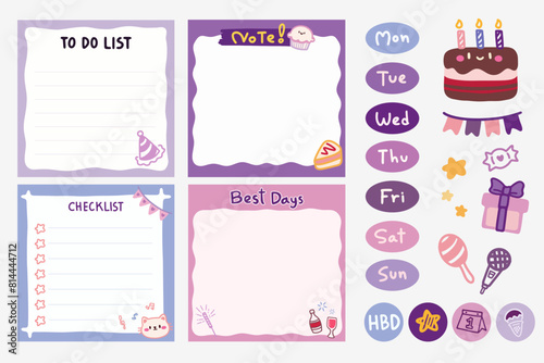 Set of Cute template notes with birthday theme. Memos and stickers. Cute paper memo template. Notes, memos and to do lists used in a diary, home or office.