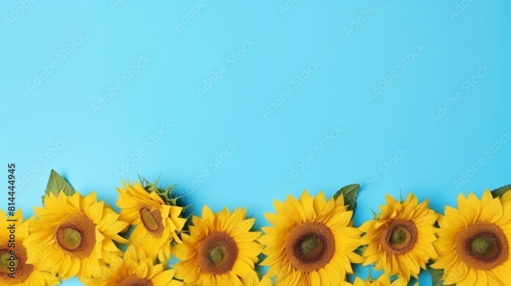 Fototapeta premium Bright yellow sunflowers against a blue background.