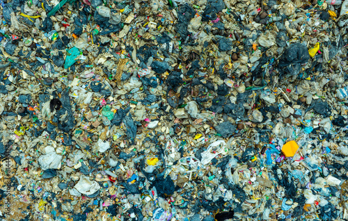 Aerial view, piles of garbage, plastic bottles and garbage. waste sorting facility Concept of waste disposal and waste separation to preserve the environment and save the world. photo