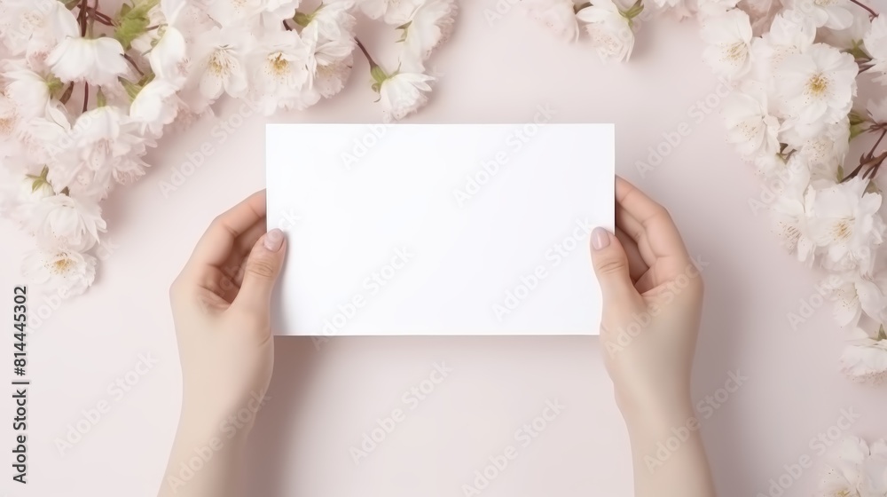 Blank paper in woman's hands on the background of blossoming sakura branches. Blank paper in woman's hands on the background of blossoming sakura branches.