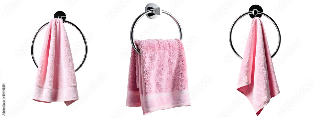 Elevate your bathroom decor with this set of hanged pink towels on a round chrome towel holder, isolated on a transparent background. Elevate your bathroom decor with this set of hanged pink towels on a round chrome towel holder, isolated on a transparent background.