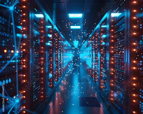 Glowing Blue Lights of an Advanced Urban Data Center Processing Vast Amounts of Digital Information