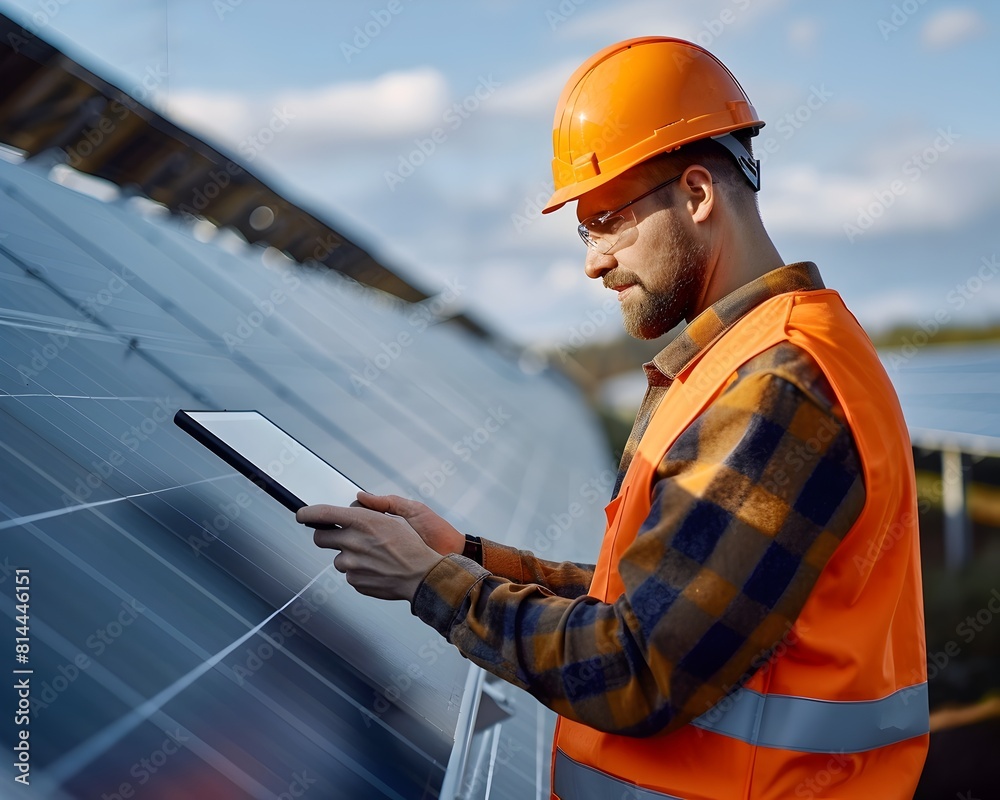 Obraz premium Engineers Using Digital Tablet to Monitor and Control Large Solar Power Plant and Performance